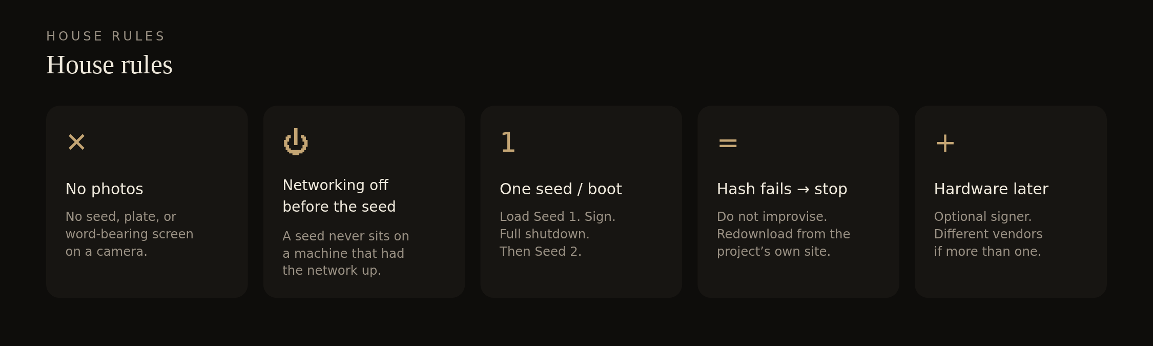 House rules: no photos, networking off before the seed, one seed per boot.